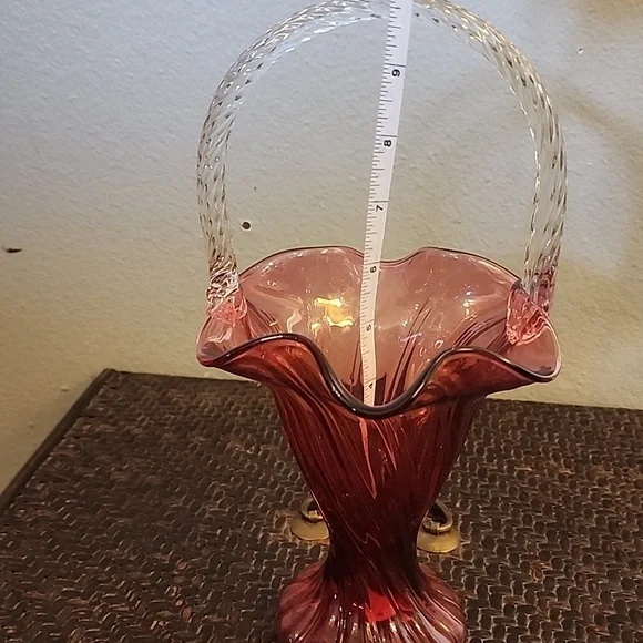 Vintage Fenton Style Glass Basket Vase Cranberry Red Burgundy Vase - Picture 8 of 10